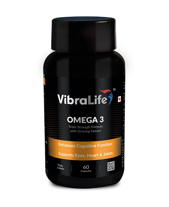 VibraLife Omega 3 Capsules with Triple Strength Formula & Ginseng Extract (Omega 3 1000mg, EPA 400mg, DHA 300mg), 60 Days Supply