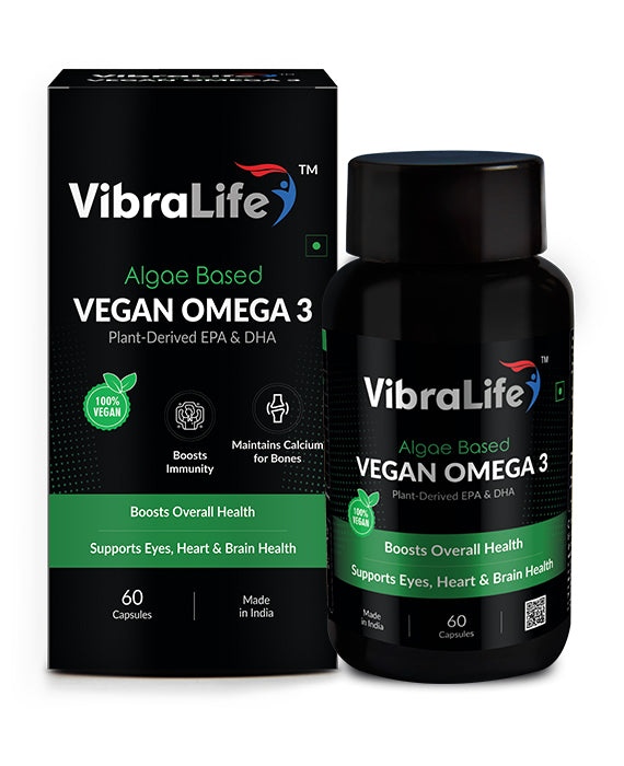 VibraLife Algae-based Vegan Omega 3 Capsules (With Algae Powder 1000mg, EPA 300mg & DHA 100mg), 60 Days Supply