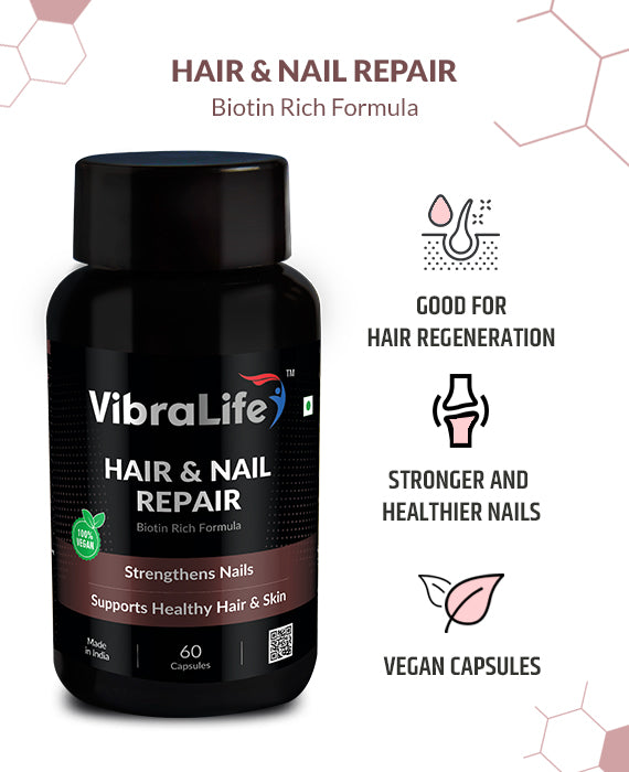 VibraLife Hair & Nail Repair Capsules, 100% Vegan (With Biotin 30mcg & Bamboo Shoot Ext 200mg), 60 Days Supply