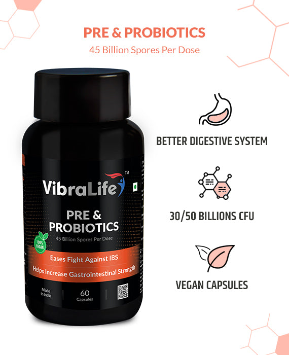 VibraLife Pre & Probiotics Capsules (100% Vegan, With 45 Billion CFU), 60 Days Supply