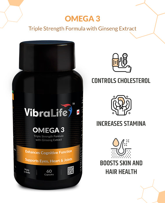 VibraLife Omega 3 Capsules with Triple Strength Formula & Ginseng Extract (Omega 3 1000mg, EPA 400mg, DHA 300mg), 60 Days Supply