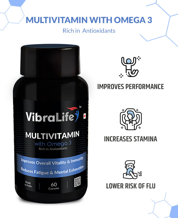 VibraLife Multivitamin with Omega 3 Capsules (With All Essential Vitamins, EPA 90mg & DHA 60mg), 60 Days Supply