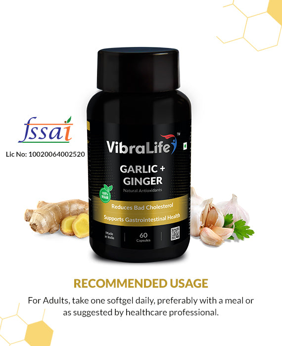 VibraLife Garlic & Ginger Capsules, 100% Vegan (With Garlic Bulb Extract 400mg & Ginger 20mg), 60 Days Supply